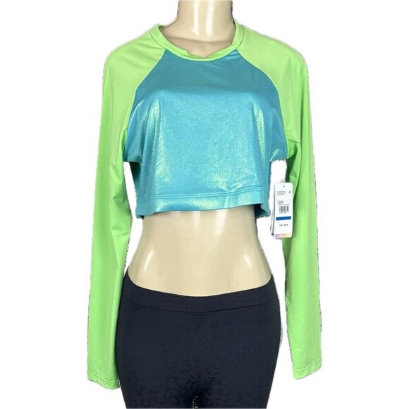 Speedo XL Foil Blue-Green Crew Neck 4 Way Stretch Long Sleeve Crop Rash Guard - Picture 2 of 6